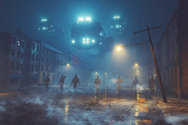 istock Milita forces walking in the town at night 689172852