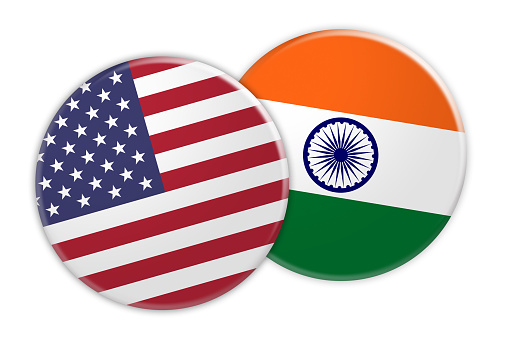 US News Concept: USA Flag Button On India Flag Button, 3d illustration on white background