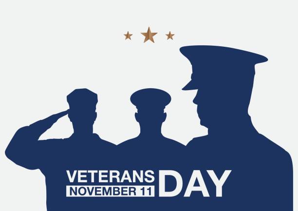 Veterans day promo banner. Honoring veterans, USA flag and people on background. Vector illustration. soldier stock illustrations