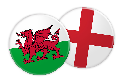 News Concept: Wales Flag Button On England Flag Button, 3d illustration on white background