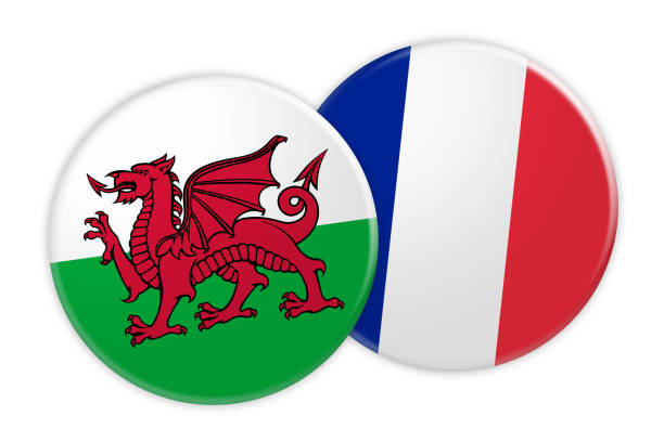 aktuelles konzept: wales flagge auf frankreich flagge taste, 3d illustration auf weißem hintergrund - france germany flag white background stock-grafiken, -clipart, -cartoons und -symbole