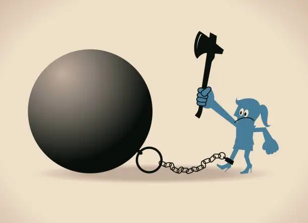 Vector illustration of Businesswoman (woman, girl) is locked in a big iron ball and chain, she is trying to cut chain by an axe to escape from it