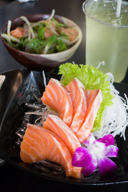 istock Set Of Sliced Salmon Sashimi And Green Tea 689213434
