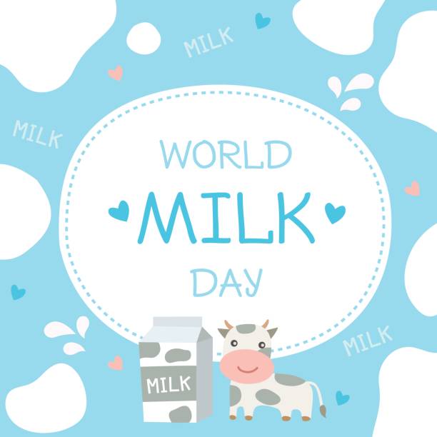 World milk day poster decorated with milk box and cow pattern on blue background. World milk day poster decorated with milk box and cow pattern on blue background. farm cartoon animal child stock illustrations