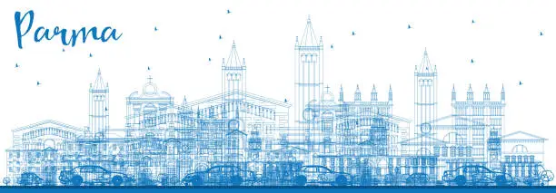 Vector illustration of Outline Parma Skyline with Blue Buildings.