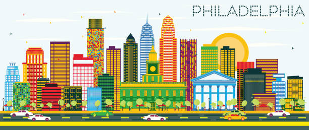 ilustraciones, imágenes clip art, dibujos animados e iconos de stock de horizonte de philadelphia con color edificios y cielo azul. - philadelphia