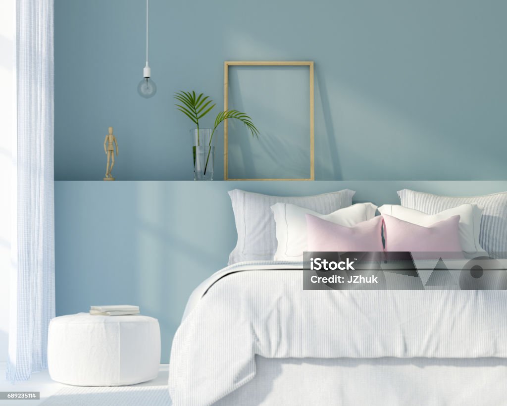 Bedroom in white and blue color 3D illustration. Interior of a modern bedroom in white and blue color Bedroom Stock Photo