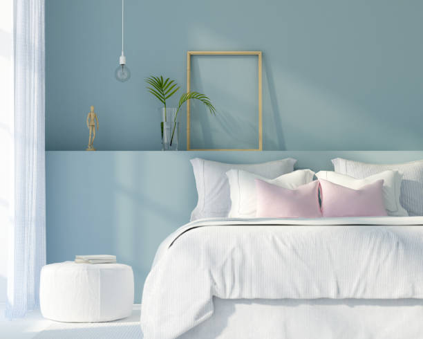 bedroom in white and blue color - showcase interior inside of domestic room indoors imagens e fotografias de stock