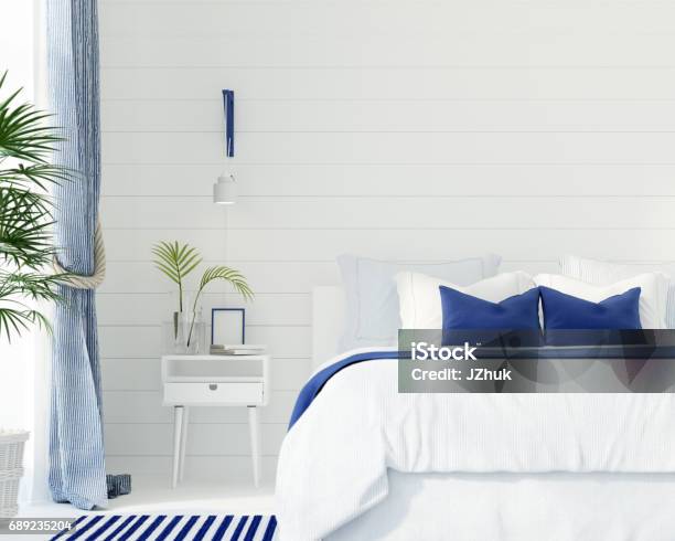 Bedroom In A Marine Style Stock Photo - Download Image Now - Blue, Bedroom, White Color