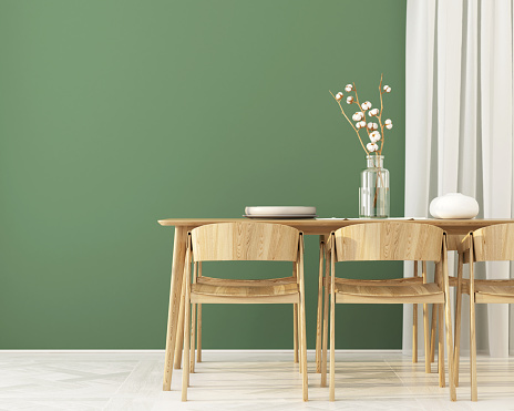 3D illustration. Interior of  Dining room with wooden furniture and green wall