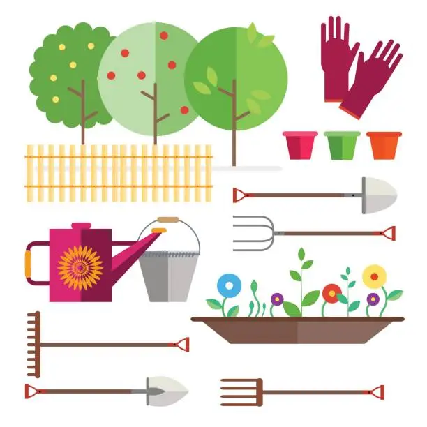 Vector illustration of Fruit garden, fence. Seedlings flowers, shoots, sprouts. Gardening tool