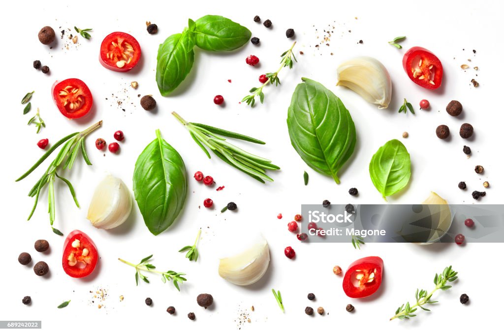 various herbs and spices various herbs and spices isolated on white background, top view Spice Stock Photo