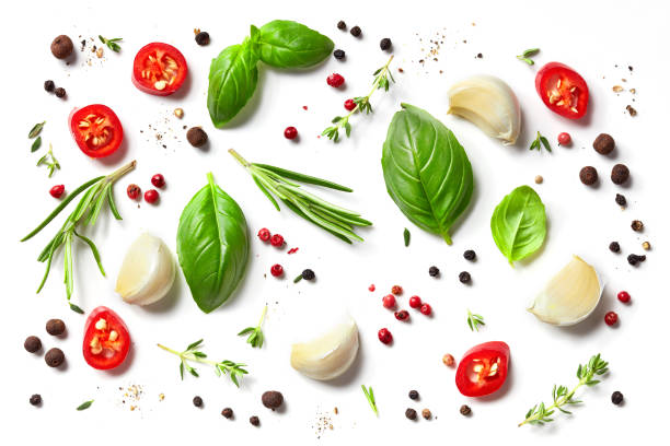 various herbs and spices various herbs and spices isolated on white background, top view cooking with garlic stock pictures, royalty-free photos & images