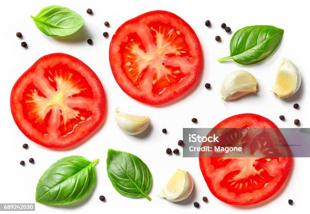 Tomato Garlic And Basil Stock Photo - Download Image Now - Tomato, Slice of Food, Basil