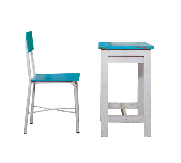 istock wooden student desk and chair  on white background. 689243462