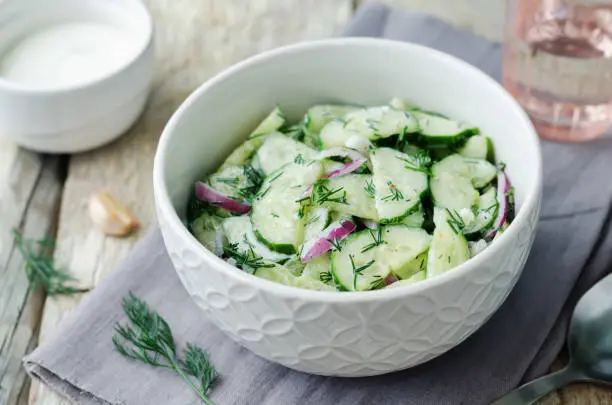 Greek yogurt red onion cucumber salad. toning. selective focus