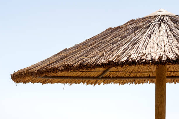 istock Straw umbrella on the beach. Corfu Island, Greece 689259812