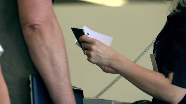istock Female flight attendant checking passports and boarding cards at airport terminal gate exit 689263640