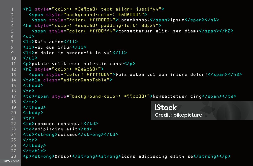 HTML Simple Code Vector. Colorful Abstract Program Tags In Developer View. Screen Of Colored Lighted Syntax Of Source Code Script. Black Background HTML Simple Code Vector. Colorful Abstract Program Tags In Developer View. Screen Of Colored Lighted Syntax Of Source Code Coding stock vector