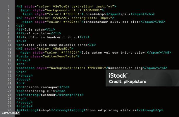 Html Simple Code Vector Colorful Abstract Program Tags In Developer View Screen Of Colored Lighted Syntax Of Source Code Script Black Background Stock Illustration - Download Image Now