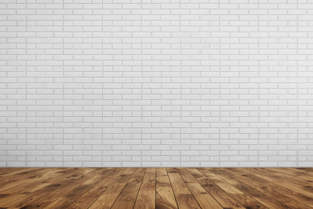 istock Empty room white brick wall, brown wood floor 689274504