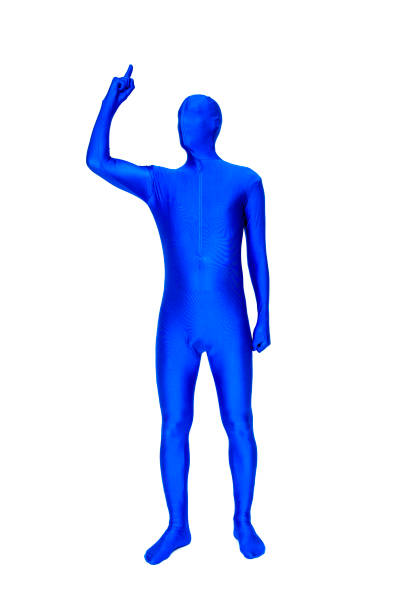 istock Mysterious blue man in blue suit point the finger up 689277568
