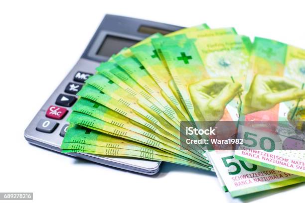 Switzerland Currency Stock Photo - Download Image Now - Swiss Currency, Calculator, Abstract