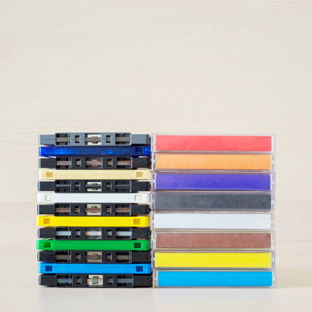 Stack of old colorful audio cassettes