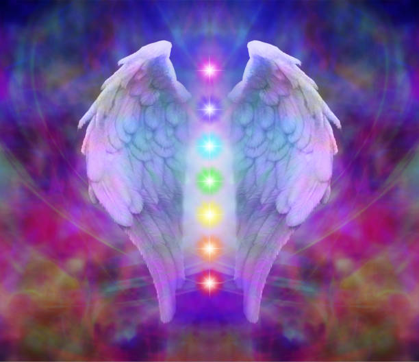 angel wings and seven chakras on colourful background - reiki alternative medicine chakra recovery imagens e fotografias de stock