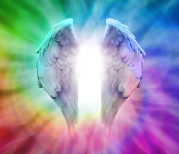 Angel Wings on spiraling Rainbow colored Background with white energy between wings