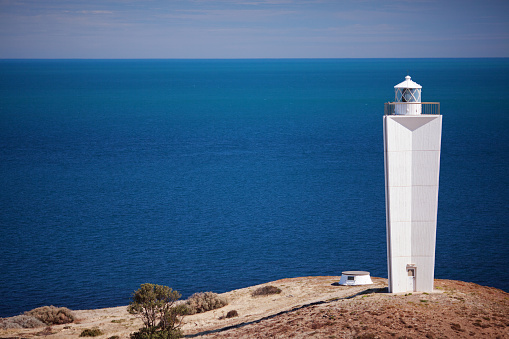Cape Jervis lighthouse against sea background. South Australia.