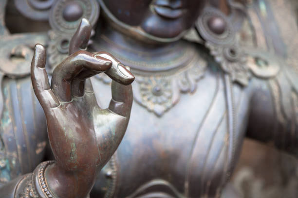 Detail of Buddha statue with Karana mudra hand position Karana mudra hand position expresses a very powerful energy with which negative energy is expelled. This hand gesture is also called warding off the evil. You can sense a very determined, focused energy just by looking at this hand gesture. buddha photos stock pictures, royalty-free photos & images