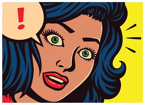 Pop art style comic book panel with surprised girl with blank expression and speech bubble with exclamation mark poster design vector illustration