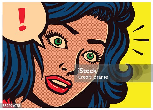 istock Pop art comics panel surprised girl and speech bubble with exclamation mark vector illustration 689294078