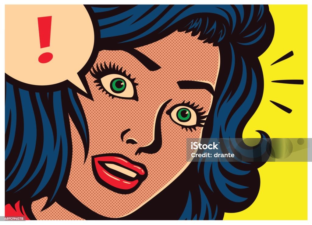 Pop art comics panel surprised girl and speech bubble with exclamation mark vector illustration Pop art style comic book panel with surprised girl with blank expression and speech bubble with exclamation mark poster design vector illustration Pop Art stock vector