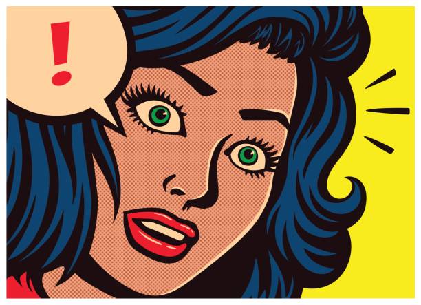 Pop art comics panel surprised girl and speech bubble with exclamation mark vector illustration Pop art style comic book panel with surprised girl with blank expression and speech bubble with exclamation mark poster design vector illustration cartoon woman stock illustrations