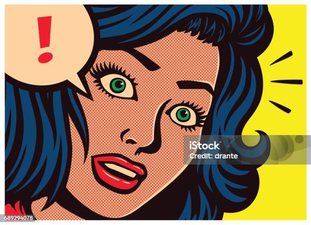 Pop Art Comics Panel Surprised Girl And Speech Bubble With Exclamation Mark Vector Illustration Stock Illustration - Download Image Now