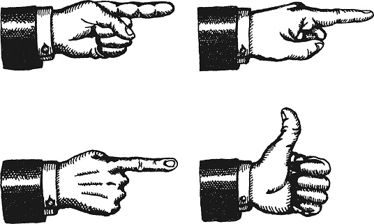 Illustration of a sketched set of businessman black hands with index finger pointing, and giving a thumbs up, isolated on white