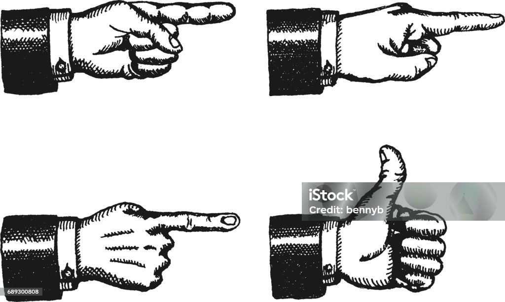 Pointing Finger And Thumbs Up Sign Illustration of a sketched set of businessman black hands with index finger pointing, and giving a thumbs up, isolated on white Retro Style stock vector
