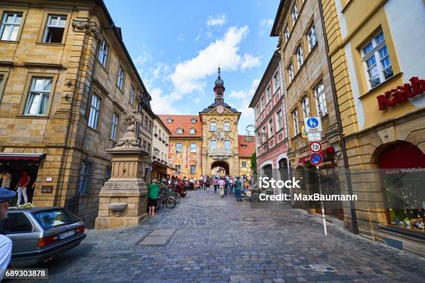 Tourists At Bamberg Old Town Hall Stock Photo - Download Image Now - Bamberg, Springtime, Architecture