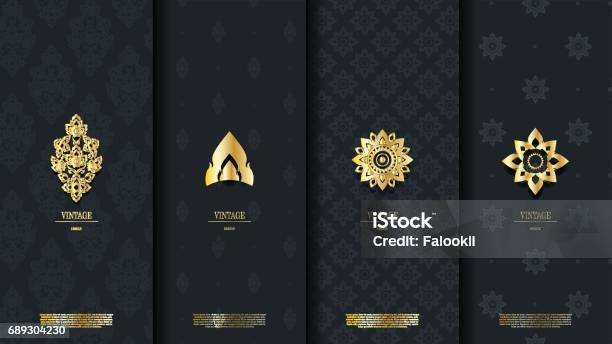 Packaging Template Of Exotic Thai Pattern Design Element Concept Dark Blue Vintage Background And Icon Vector Design Stock Illustration - Download Image Now