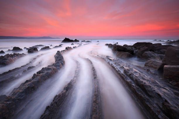 Nice sunrise at Barrika beach (Biscay, Basque Country) stock photo