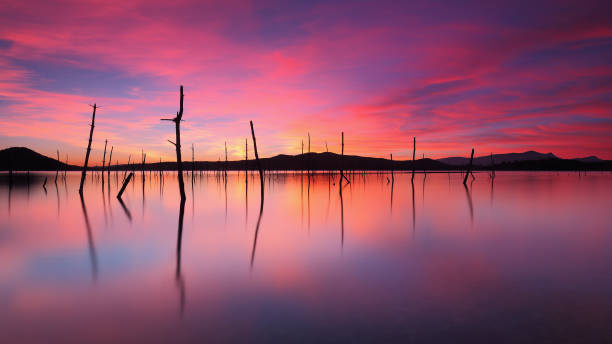 Colorful sunset over Landa Lake stock photo