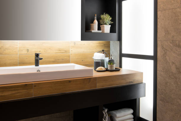 istock Bathroom interior with sink and faucet. 689330836