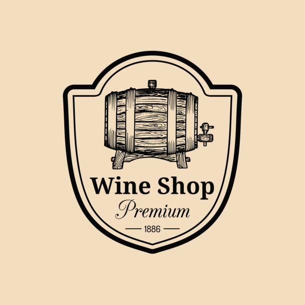 illustrazioni stock, clip art, cartoni animati e icone di tendenza di vino. segno di cantina vettoriale con botte di legno. etichetta tipografica, badge con fusto abbozzato a mano per ristorante, menu bar. - 1466