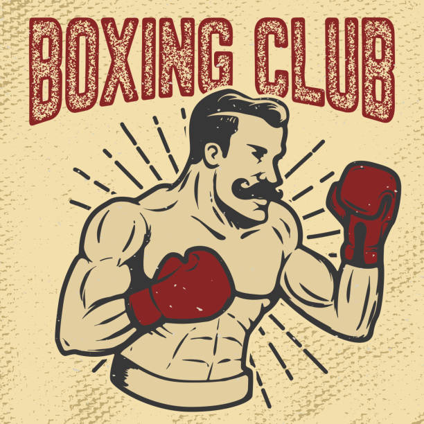 ilustrações de stock, clip art, desenhos animados e ícones de boxing club. vintage style boxer on grunge background. design element for poster, t-shirt, emblem. vector illustration. - boxing glove sports glove retro revival old fashioned