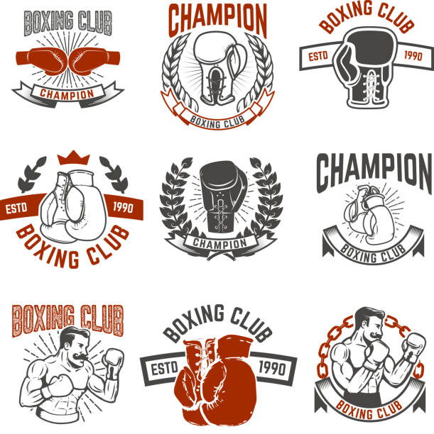 ilustrações de stock, clip art, desenhos animados e ícones de set of boxing club labels. design elements for label, emblem, sign. vector illustration - boxing glove sports glove retro revival old fashioned