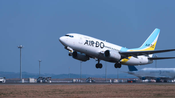 jet-flugzeug landung auf einem flughafen - chubu centrair international airport stock-fotos und bilder