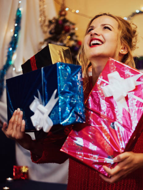 istock Happy party woman with gift box 689346964