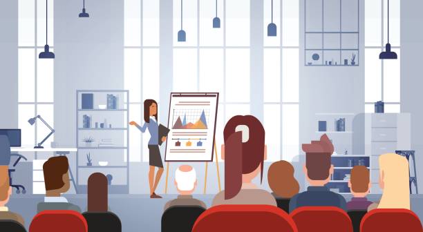 ilustrações, clipart, desenhos animados e ícones de grupo de pessoas de negócios em conferência reunião treinamento cursos flip-chart com gráfico - cartoon business meeting training